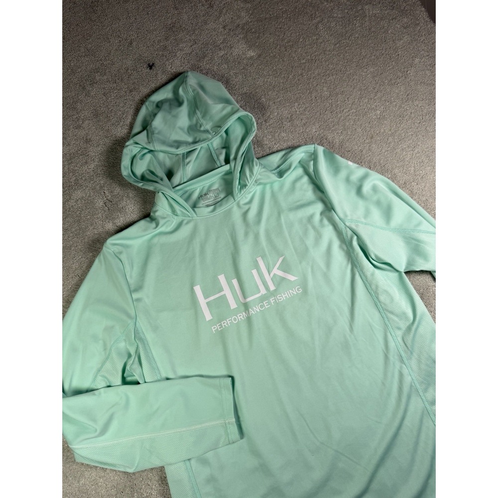 Huk Fishing Hoodie Mens L Sea Foam Blue Performance Hooded Sun Shirt Hiking UPF